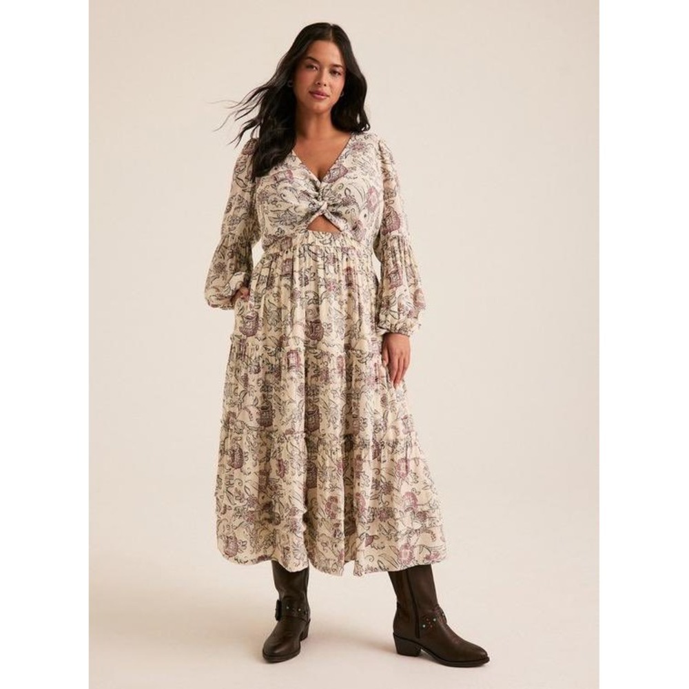 Torrid Women's 3X Ivory Maxi Dress Festi V Neck Jacobean Floral Long Sleeve New - Picture 2 of 7